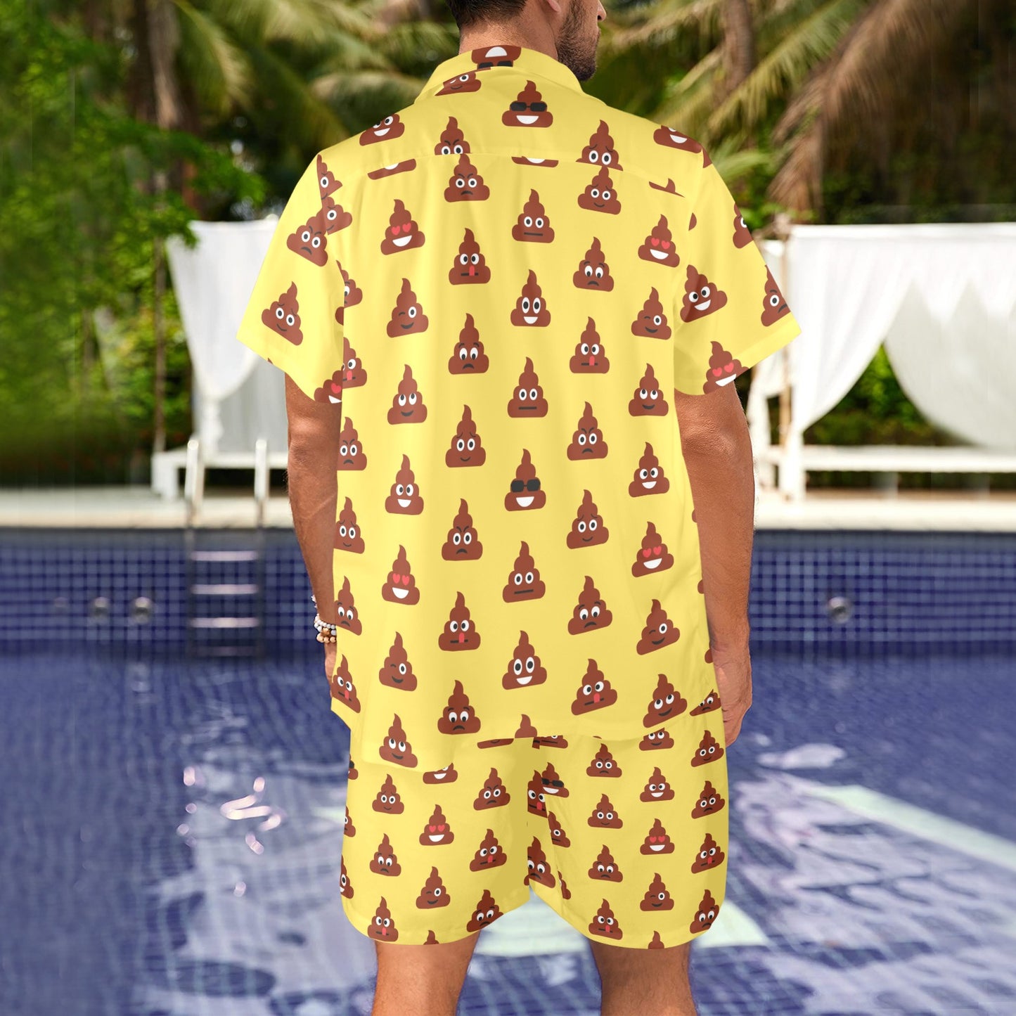 Emoji Poop Print Pattern Men's Beach Shirt and Shorts Set