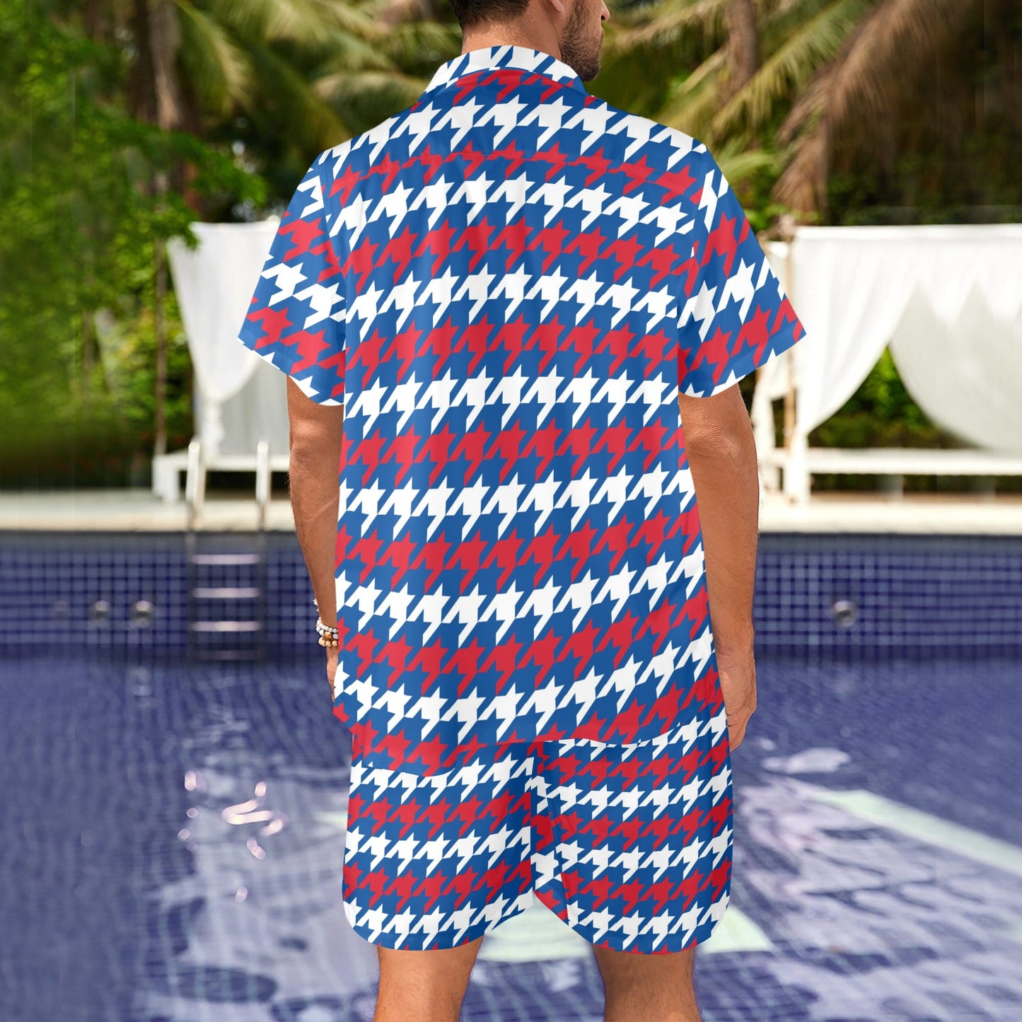 Patriotic Houndstooth Pattern Print Design A02 Men's Beach Shirt and Shorts Set