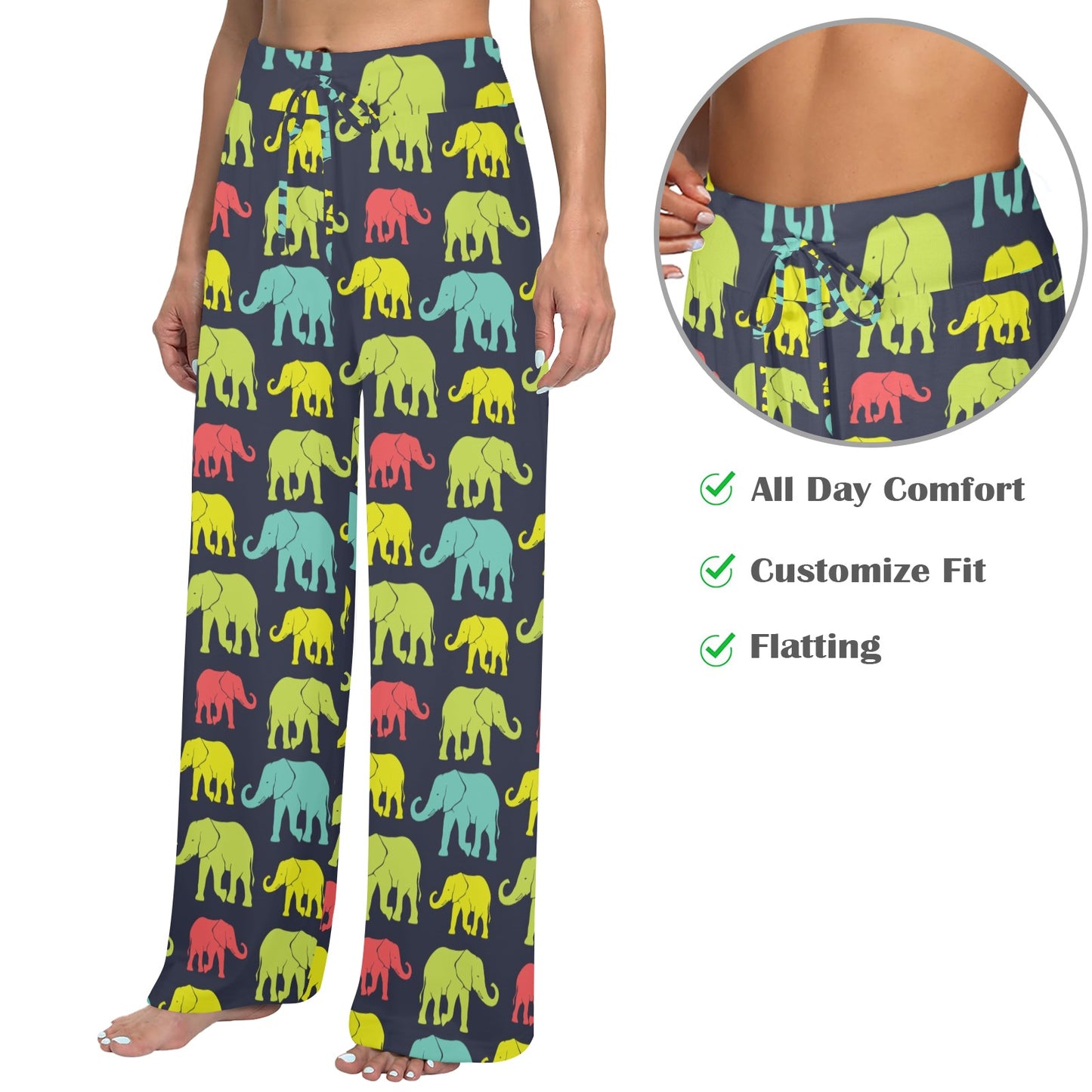 Elephant Neon Color Print Pattern Women's Wide Leg Lounge Pants