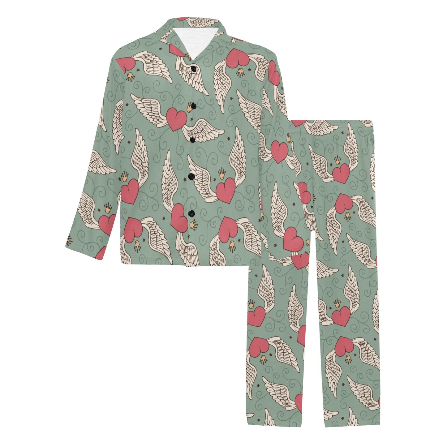 Angel Wings Heart Design Themed Print Men's Long Pajama Set