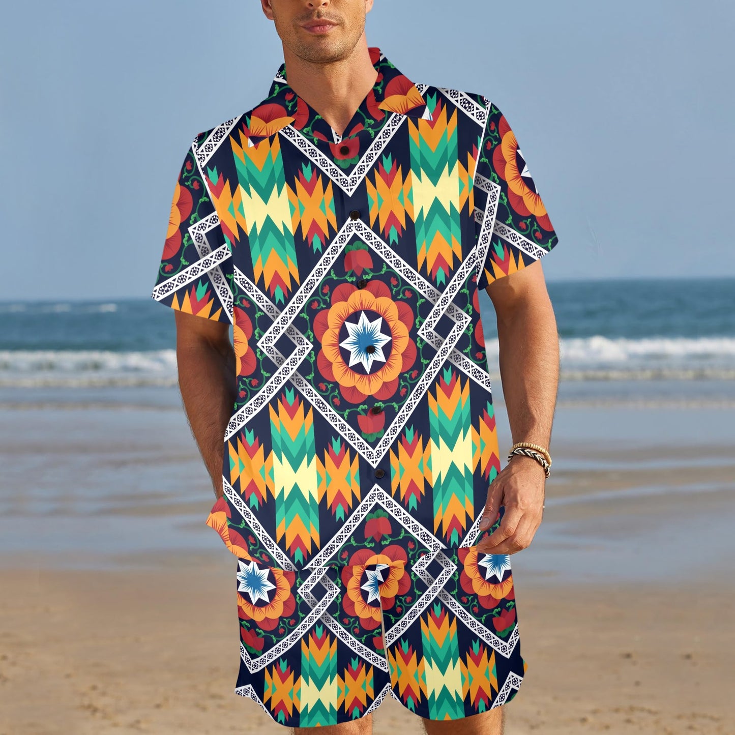 African Kente Men's Beach Shirt and Shorts Set