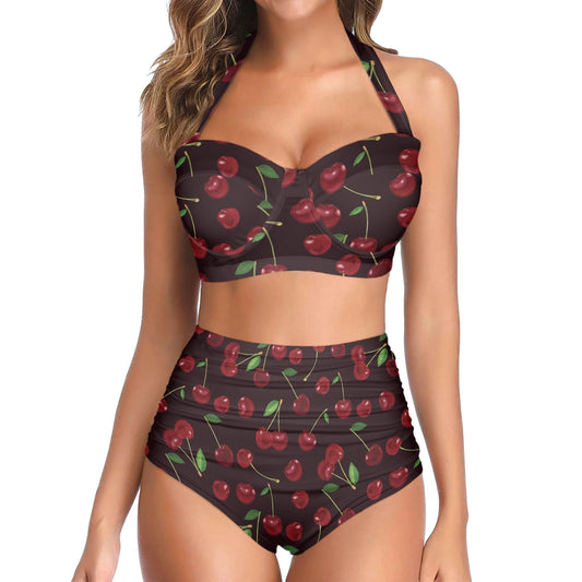 Cherry Fresh Pattern Halter Neck Bikini Swimsuit
