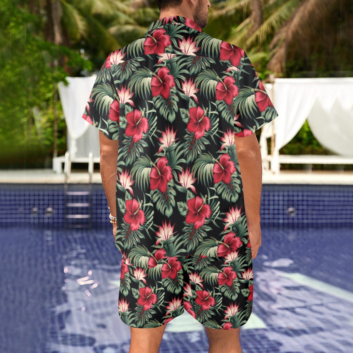 Flower Hawaiian Red Hibiscus Design Print Men's Beach Shirt and Shorts Set