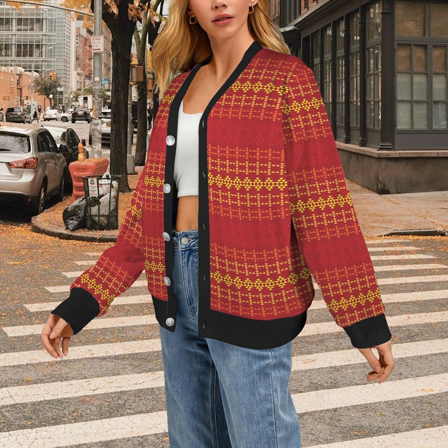 Southwest Red Gold Design Themed Print Women's Cardigan