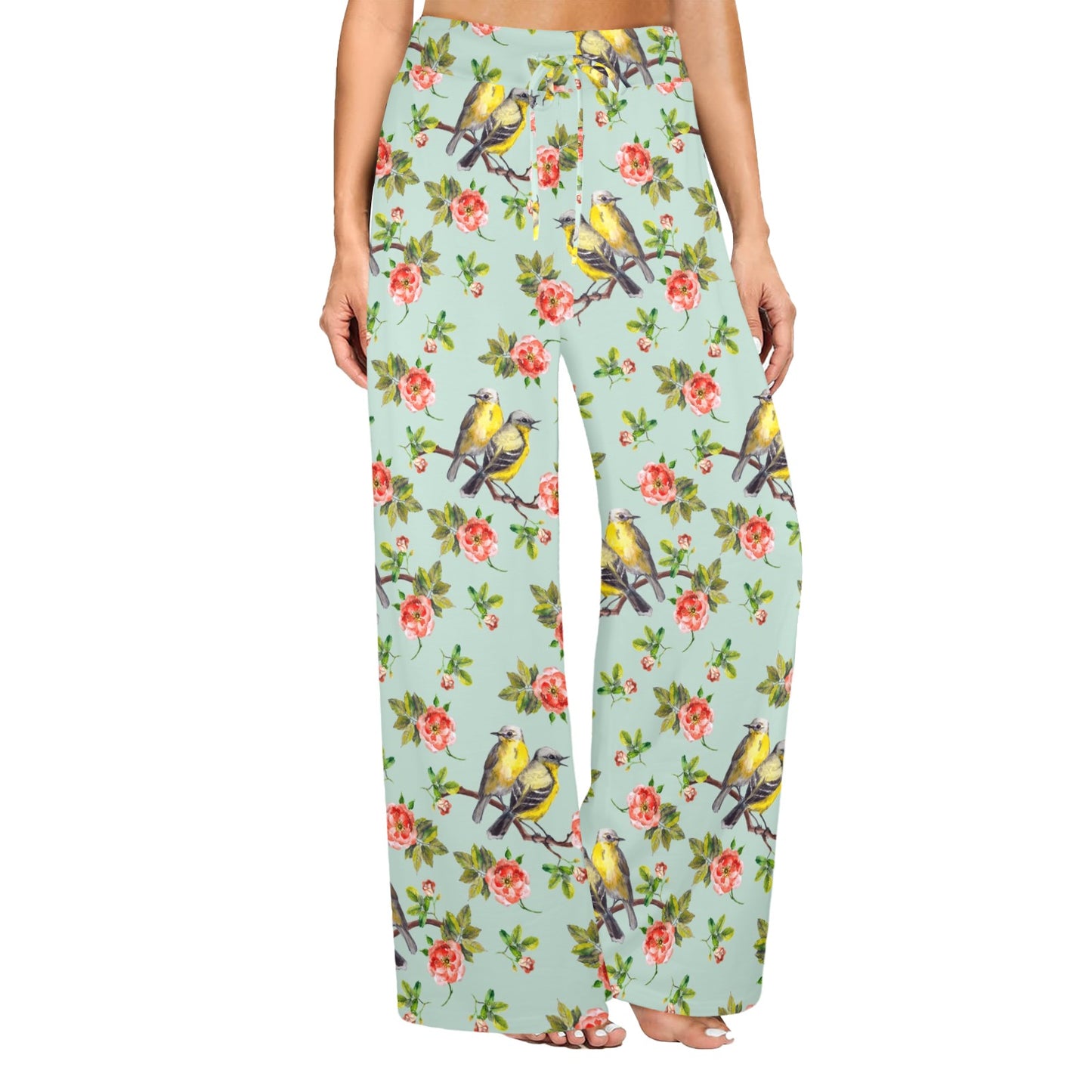Bird with Red Flower Print Pattern Women's Wide Leg Lounge Pants