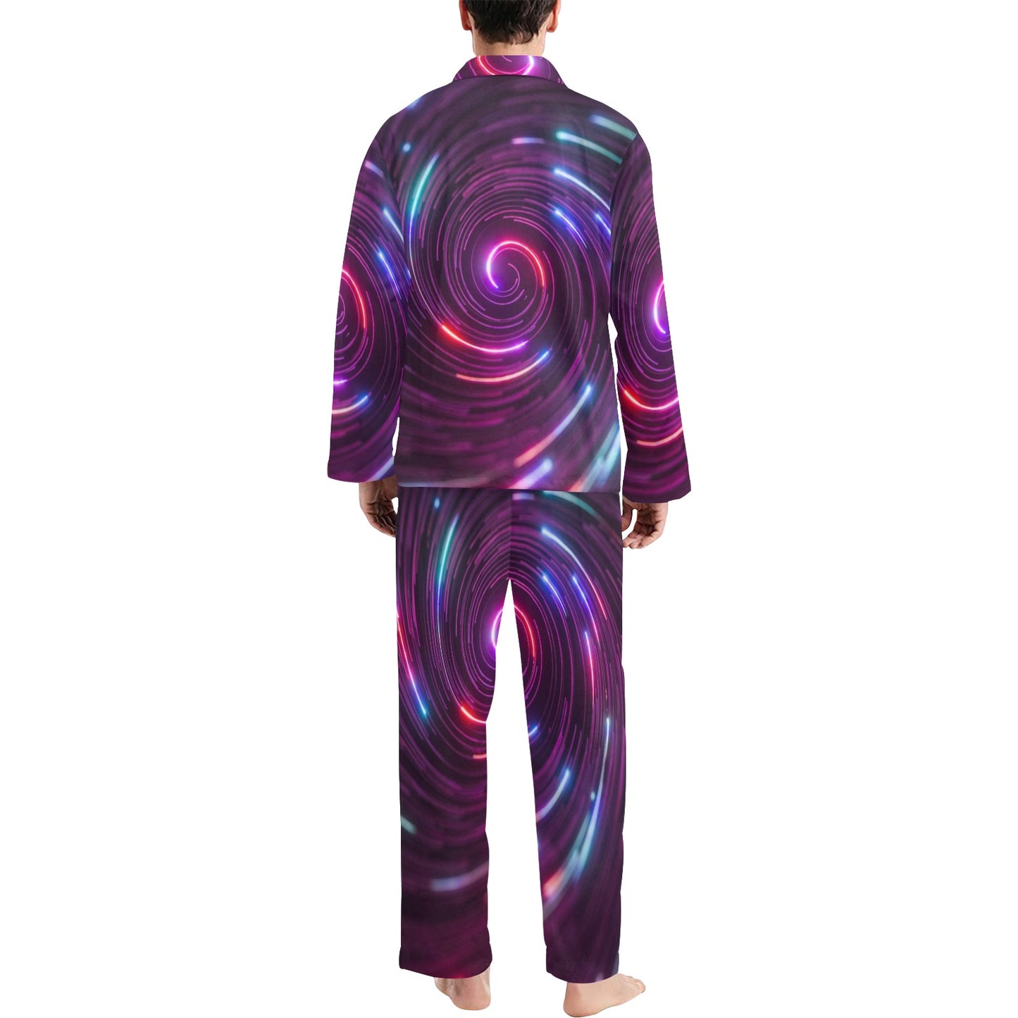 Vortex Twist Swirl Purple Neon Print Men's Long Pajama Set