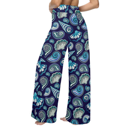 Beach Seashell Blue Print Women's Wide Leg Lounge Pants