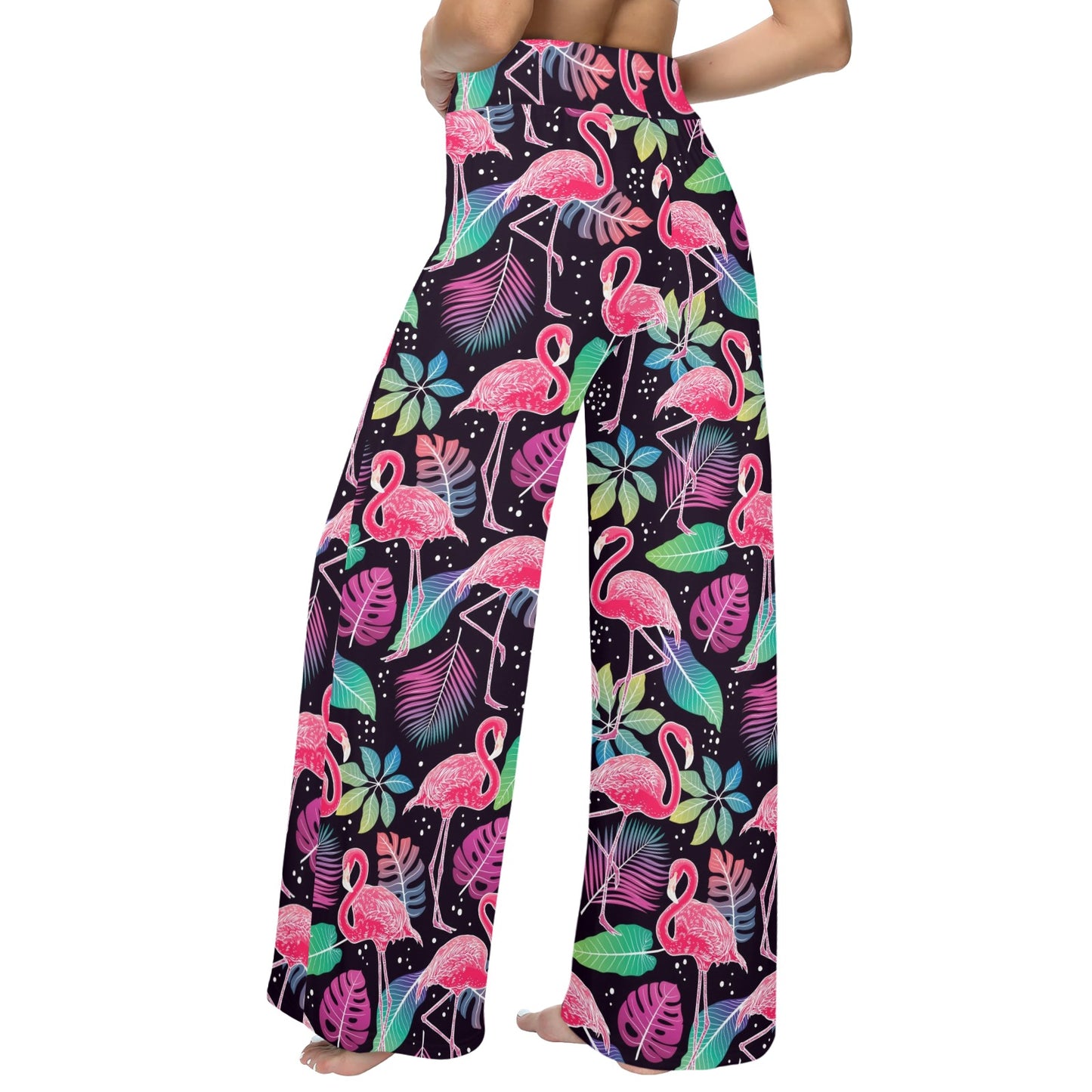 Flamingo Tropical leaves Neon Print Women's Wide Leg Lounge Pants
