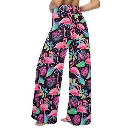 Flamingo Tropical leaves Neon Print Women's Wide Leg Lounge Pants