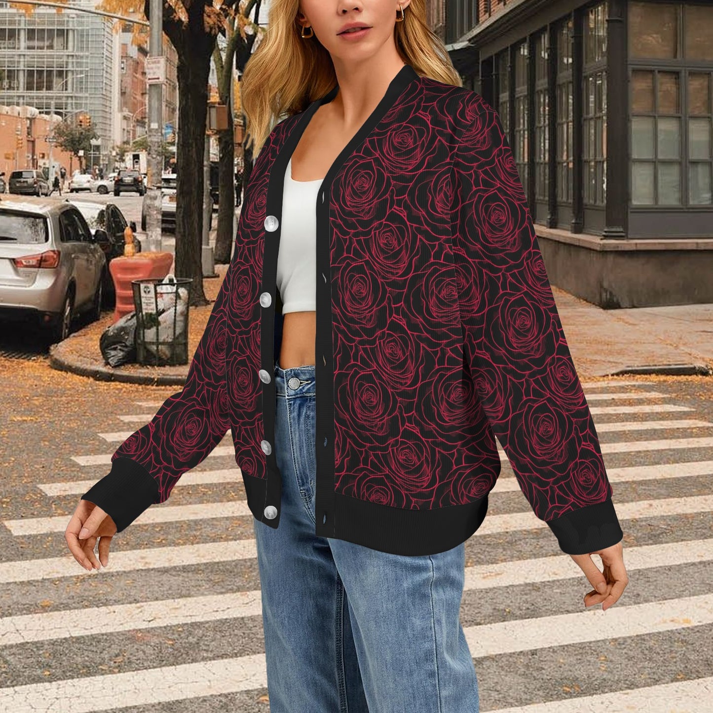 Red Rose Design Print Women's Cardigan