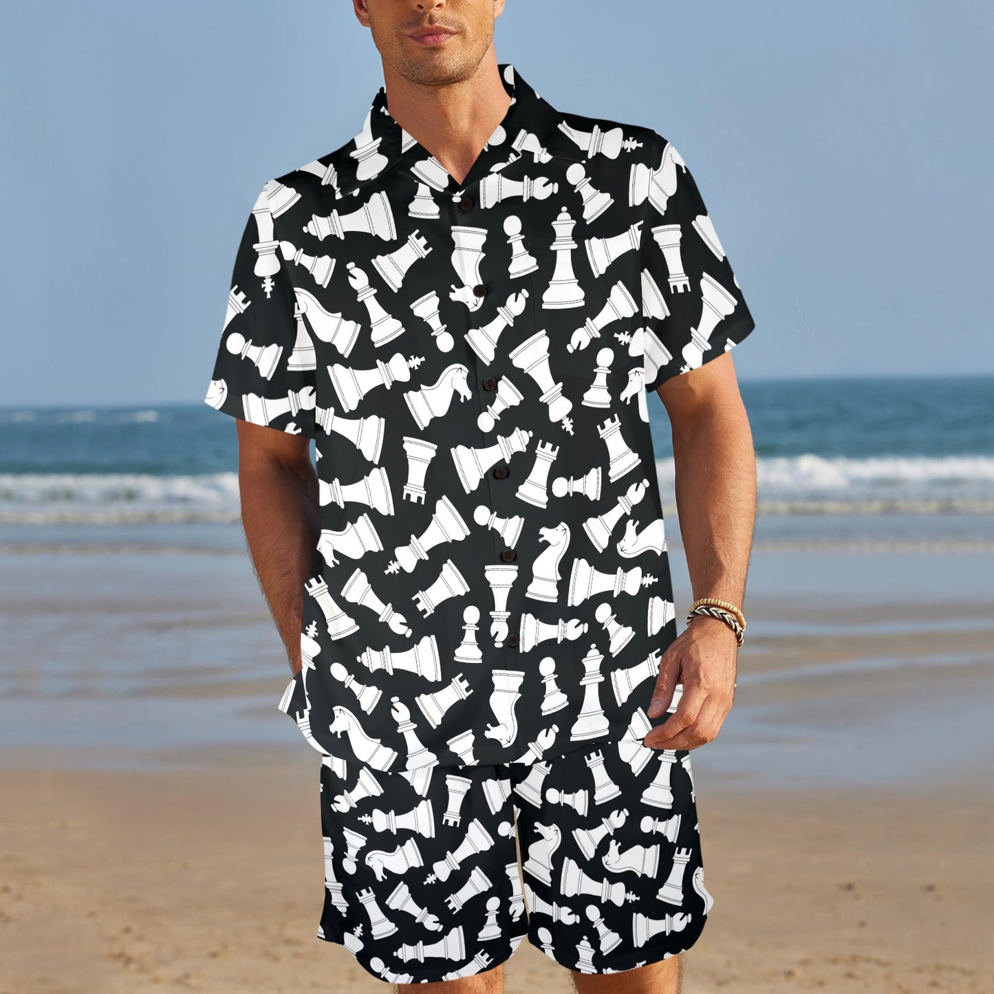 Chess Pattern Print Design 01 Men's Beach Shirt and Shorts Set