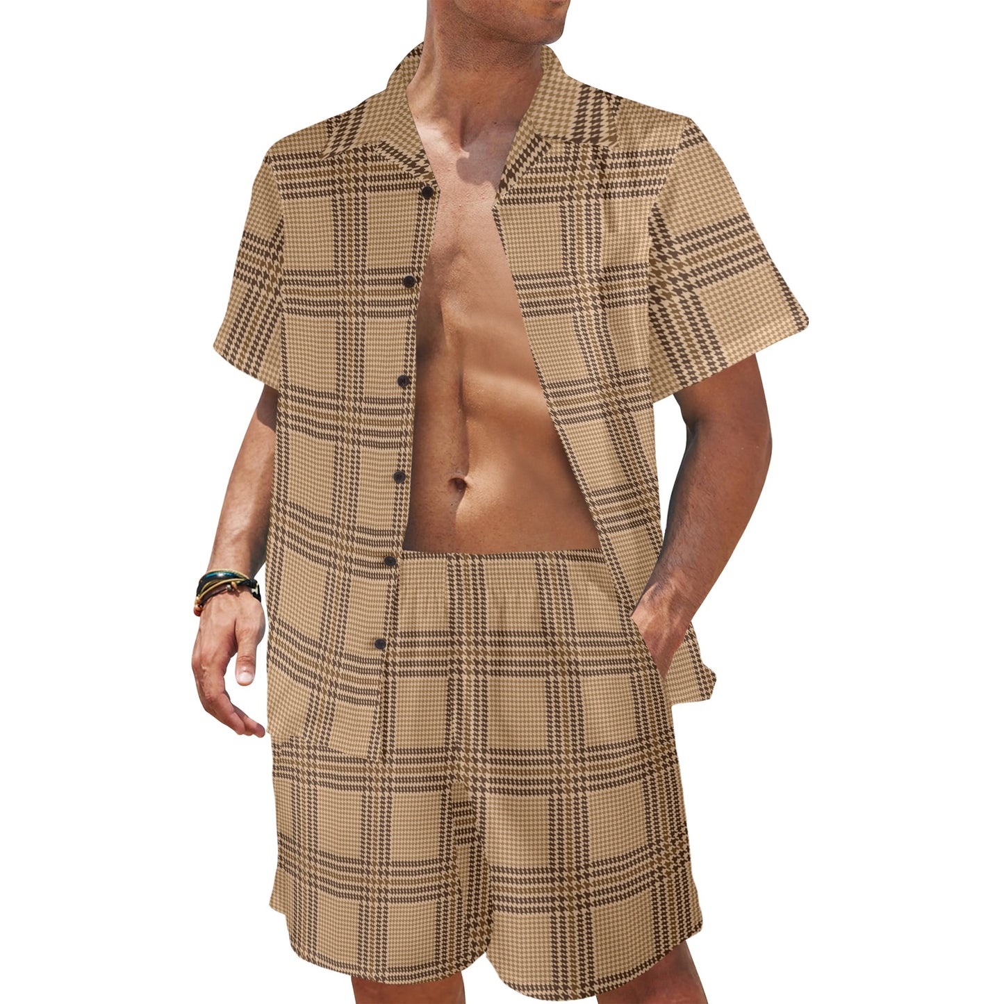 Houndstooth Brown Pattern Print Design 04 Men's Beach Shirt and Shorts Set