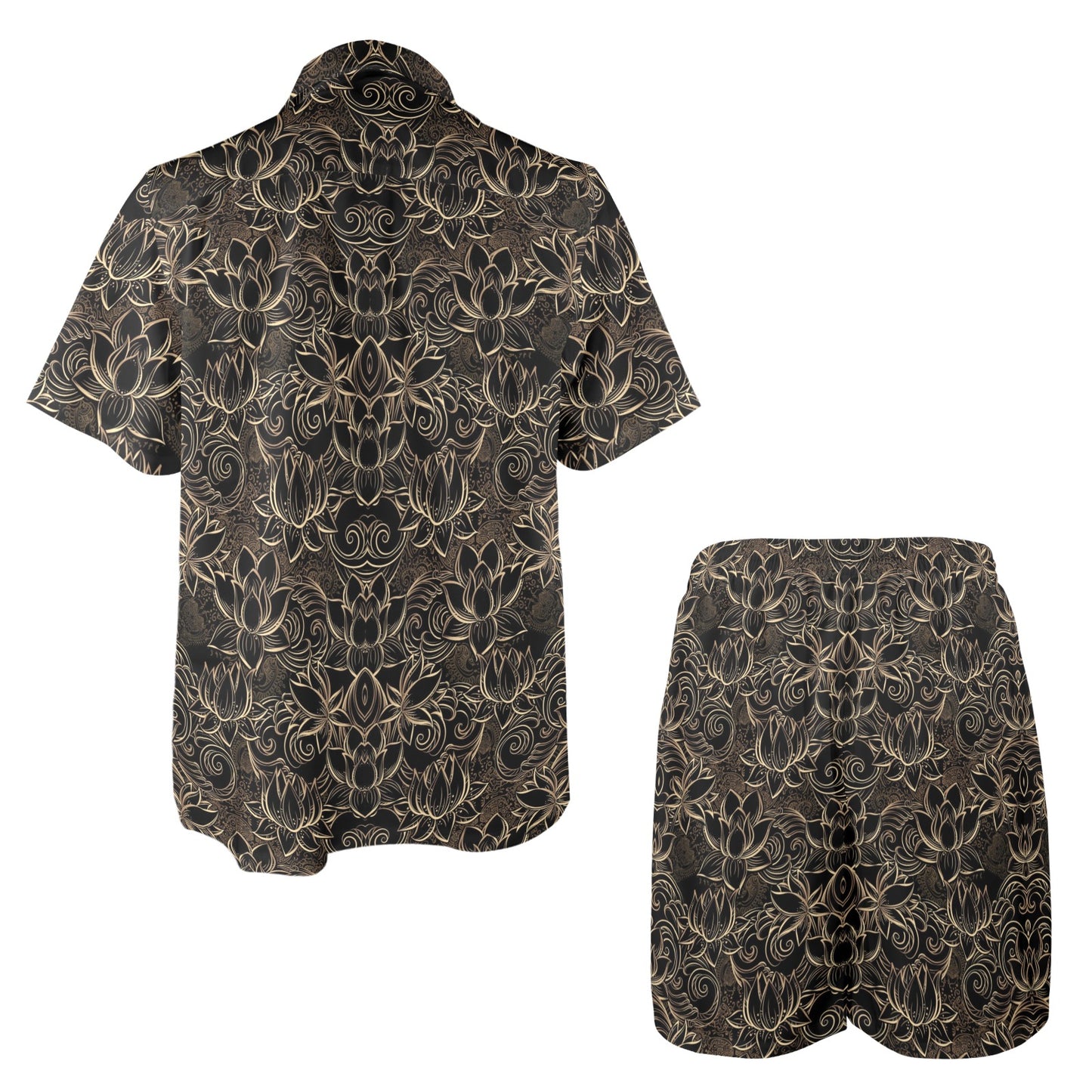 Lotus Gold Mandala Design Themed Men's Beach Shirt and Shorts Set