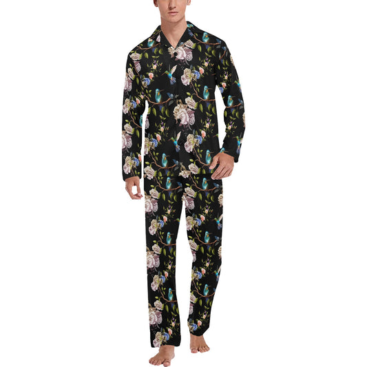 Hummingbird Flower Themed Print Men's Long Pajama Set