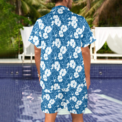 Hibiscus Blue Flower Hawaiian Print Men's Beach Shirt and Shorts Set
