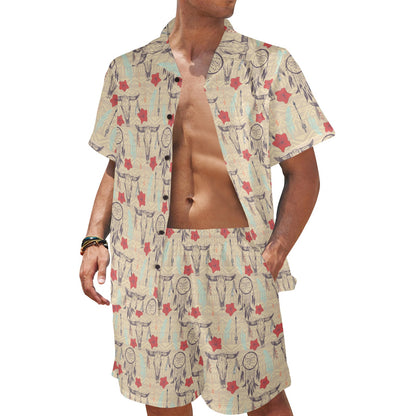 Native Buffalo Head Themed Design Print Men's Beach Shirt and Shorts Set