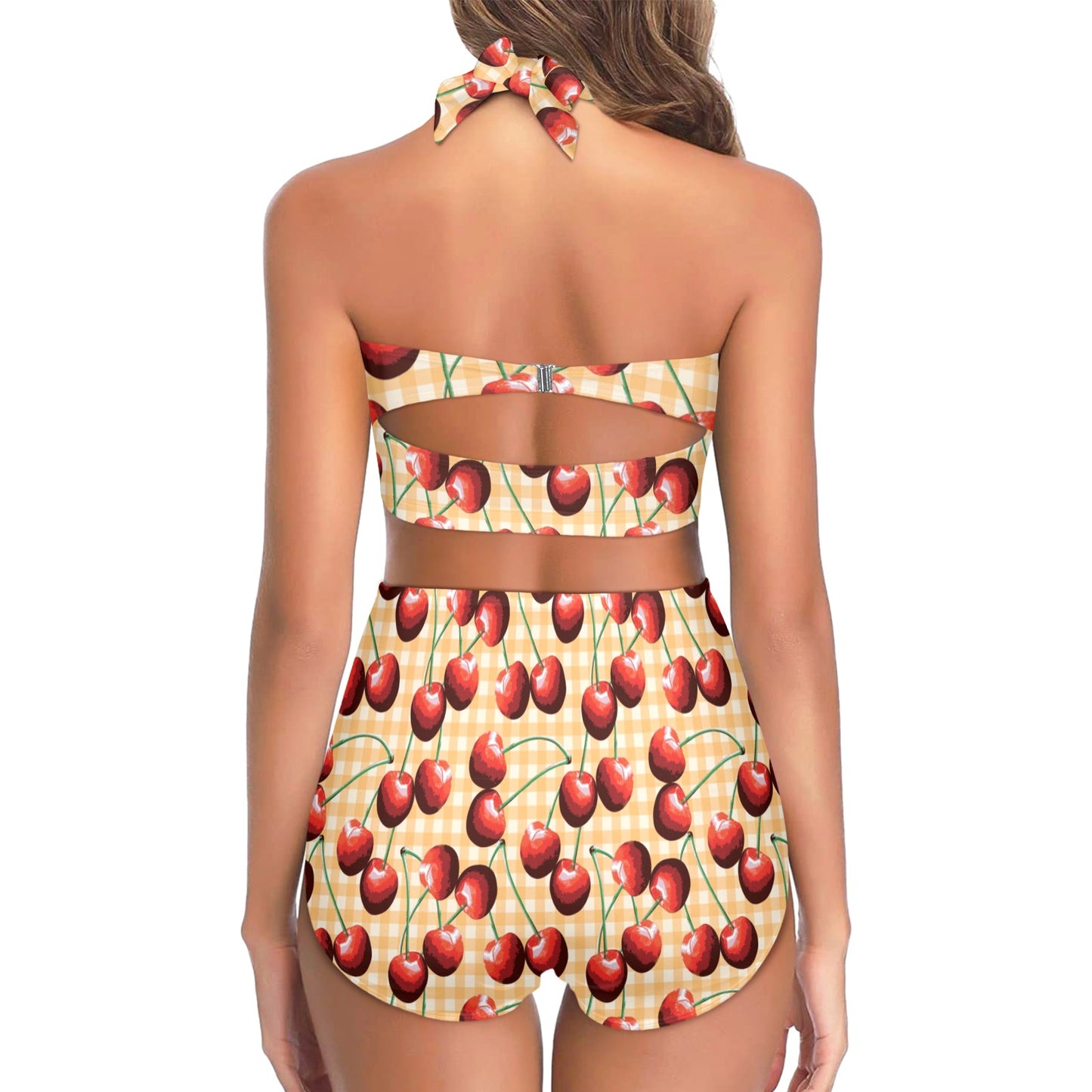 Cherry Orange Plaid Print Halter Neck Bikini Swimsuit