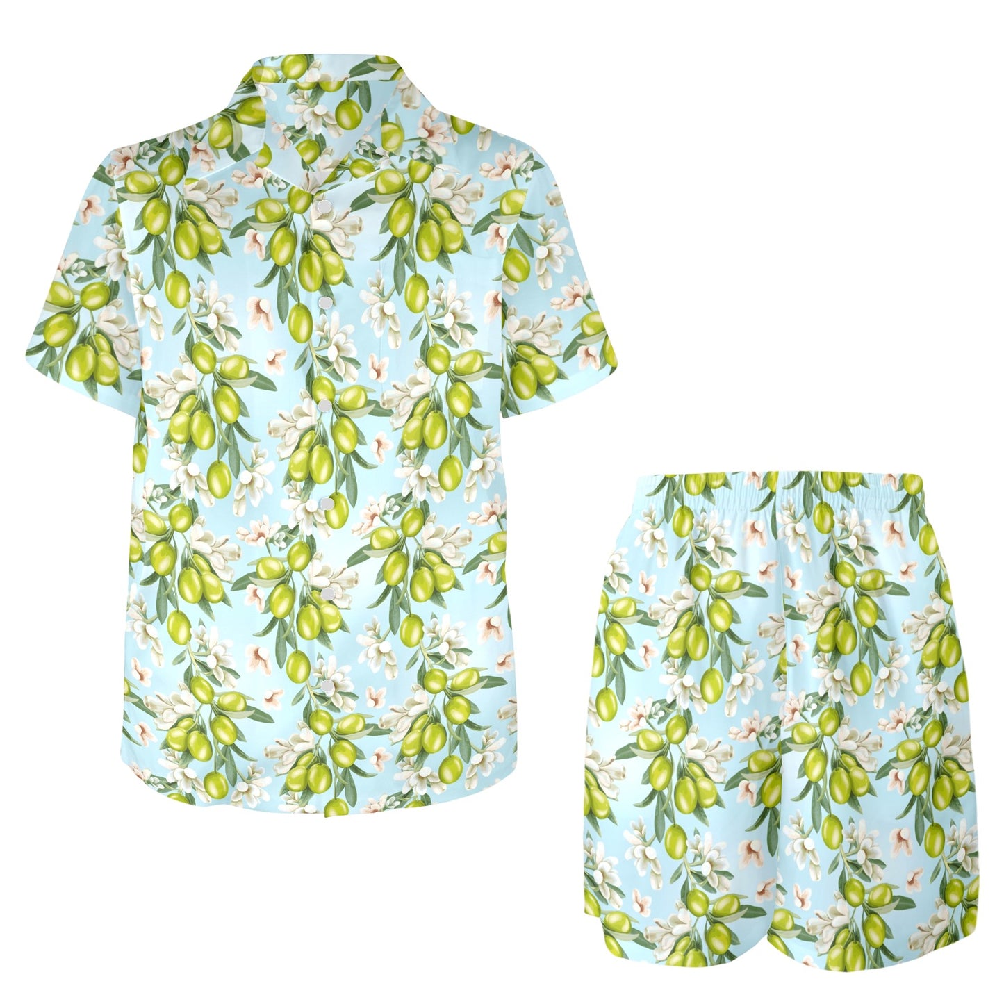 Elegant Olive Floral Print Men's Beach Shirt and Shorts Set