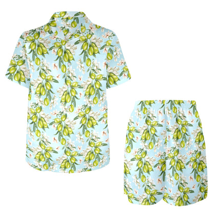 Elegant Olive Floral Print Men's Beach Shirt and Shorts Set