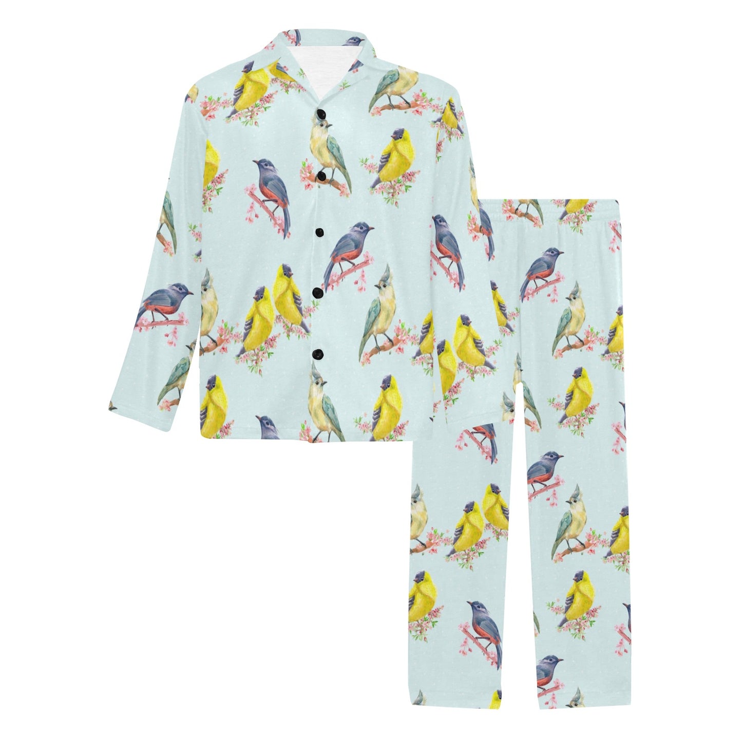 Bird Sweet Themed Print Pattern Men's Long Pajama Set