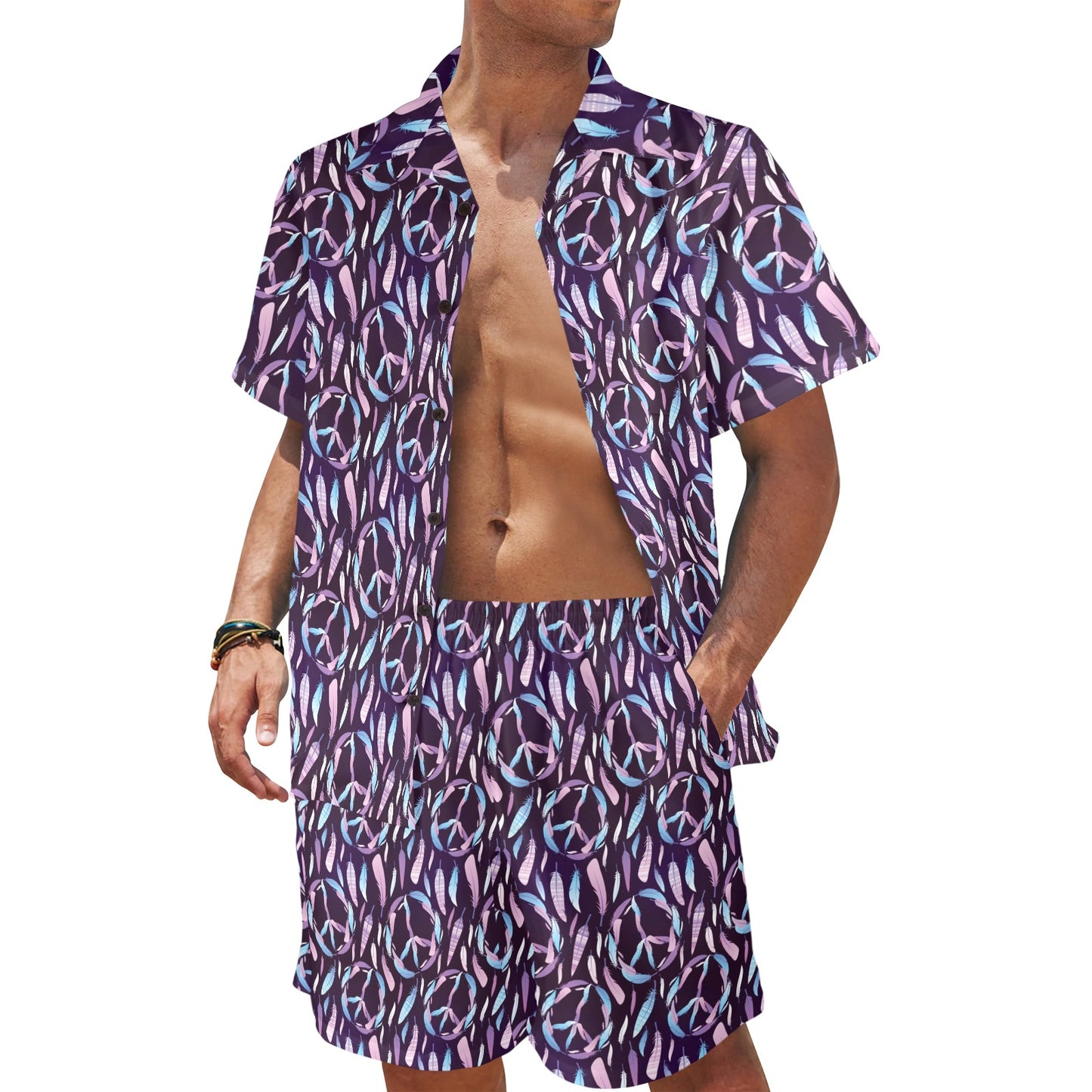 Peace Sign Feather Design Print Men's Beach Shirt and Shorts Set