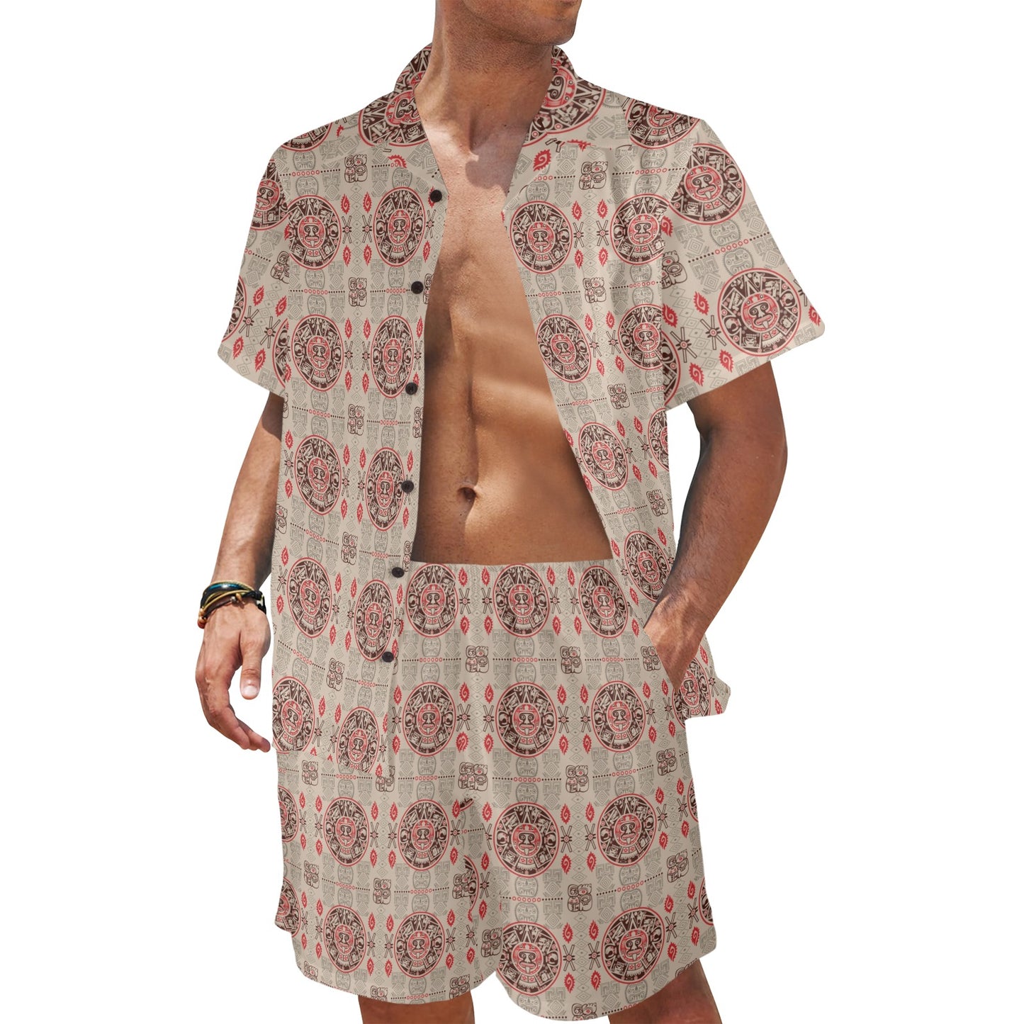 Calendar Aztec Print Pattern Men's Beach Shirt and Shorts Set