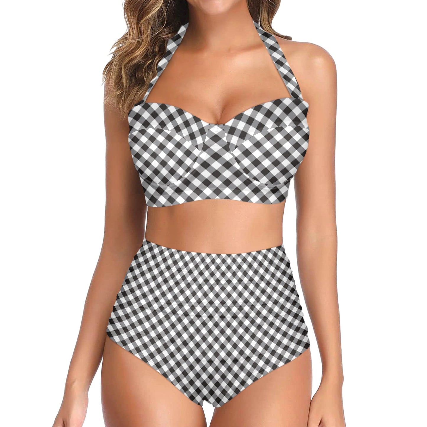 Gingham Print Design LKS402 Halter Neck Bikini Swimsuit
