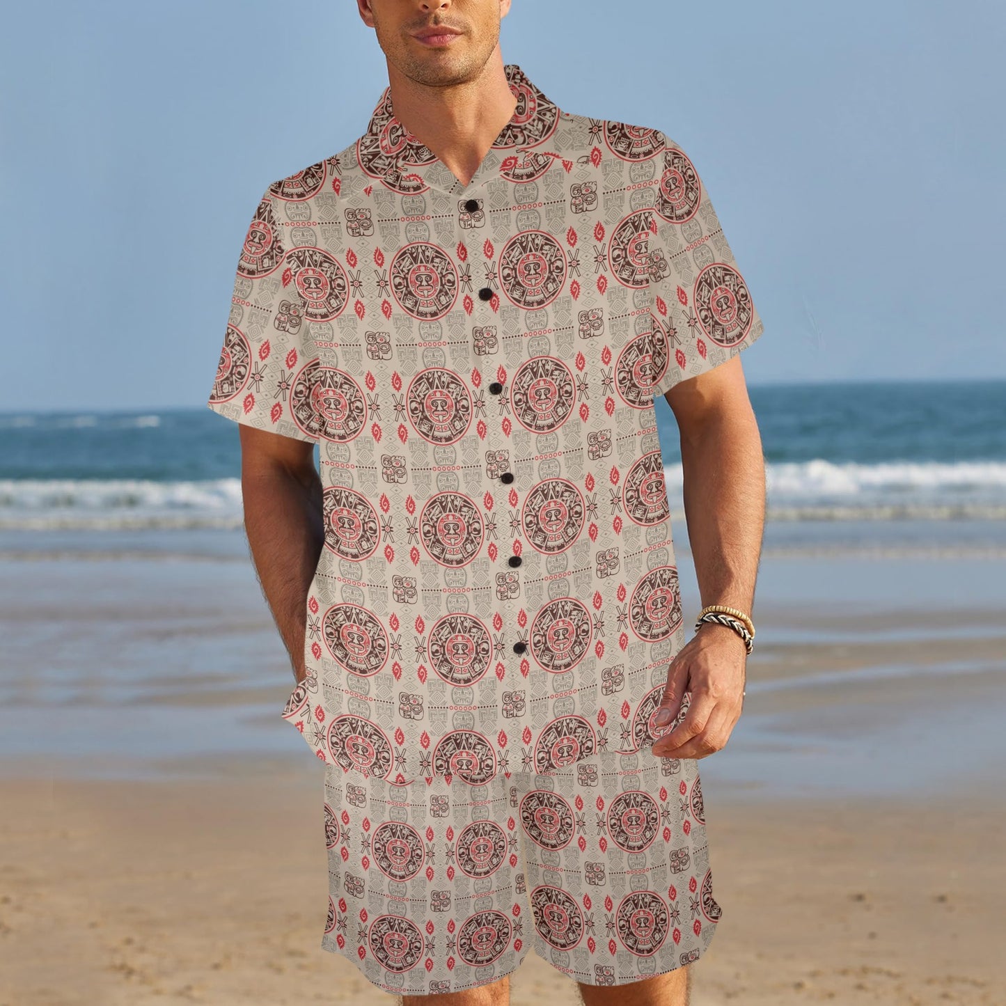 Calendar Aztec Print Pattern Men's Beach Shirt and Shorts Set