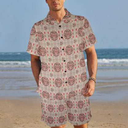 Calendar Aztec Print Pattern Men's Beach Shirt and Shorts Set