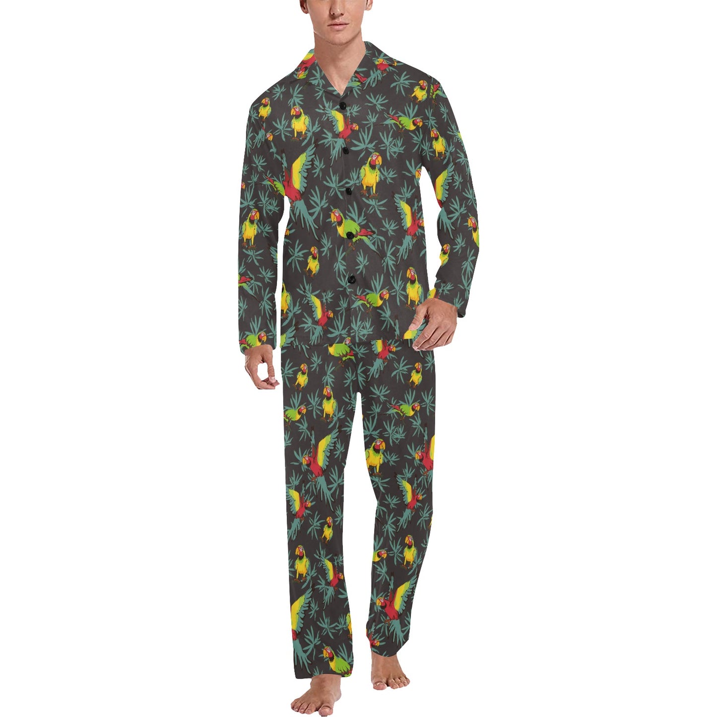 Parrot Themed Print Men's Long Pajama Set