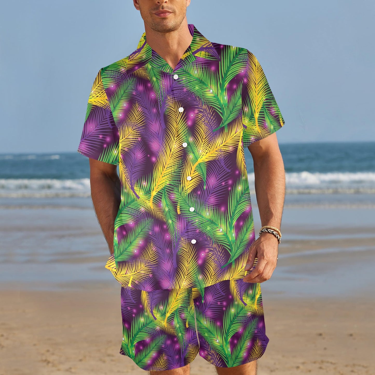 Mardi Gras Pattern Print Design 09 Men's Beach Shirt and Shorts Set