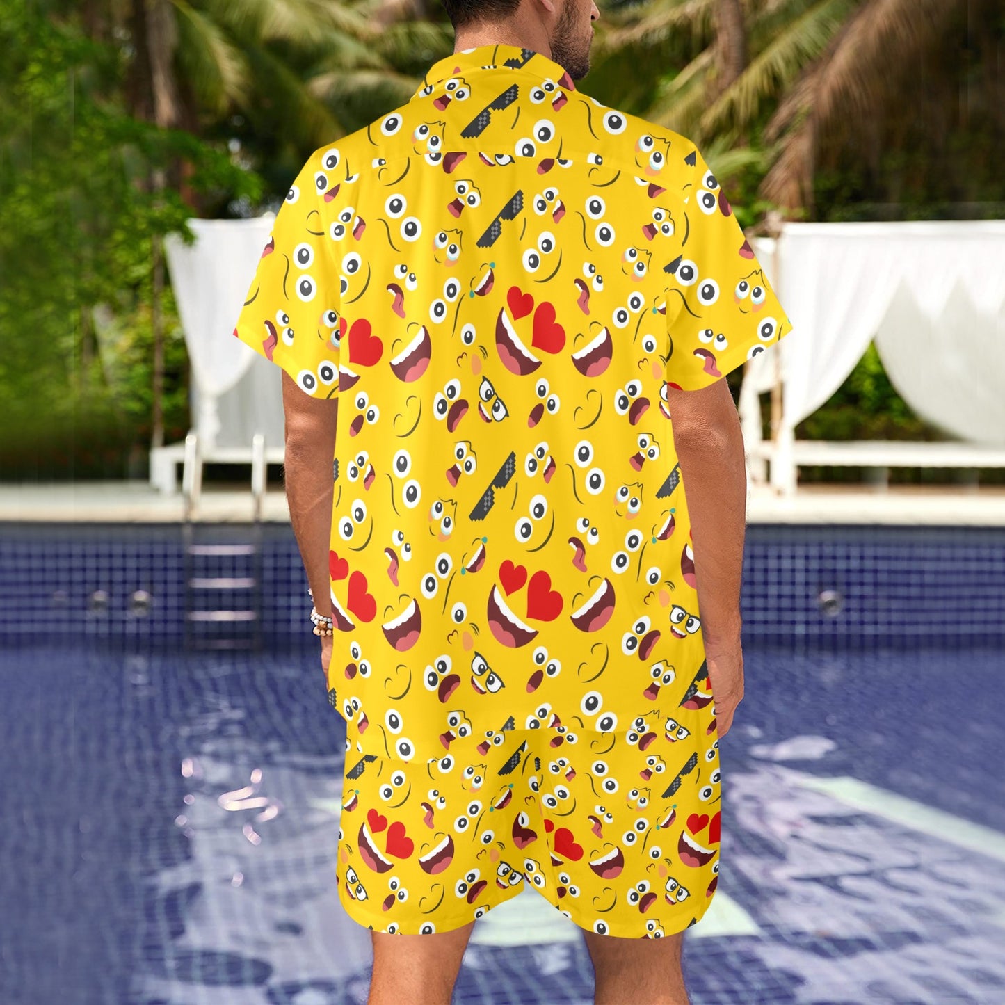 Emoji Face Print Pattern Men's Beach Shirt and Shorts Set
