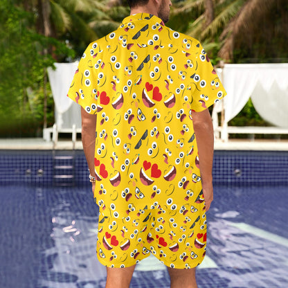 Emoji Face Print Pattern Men's Beach Shirt and Shorts Set
