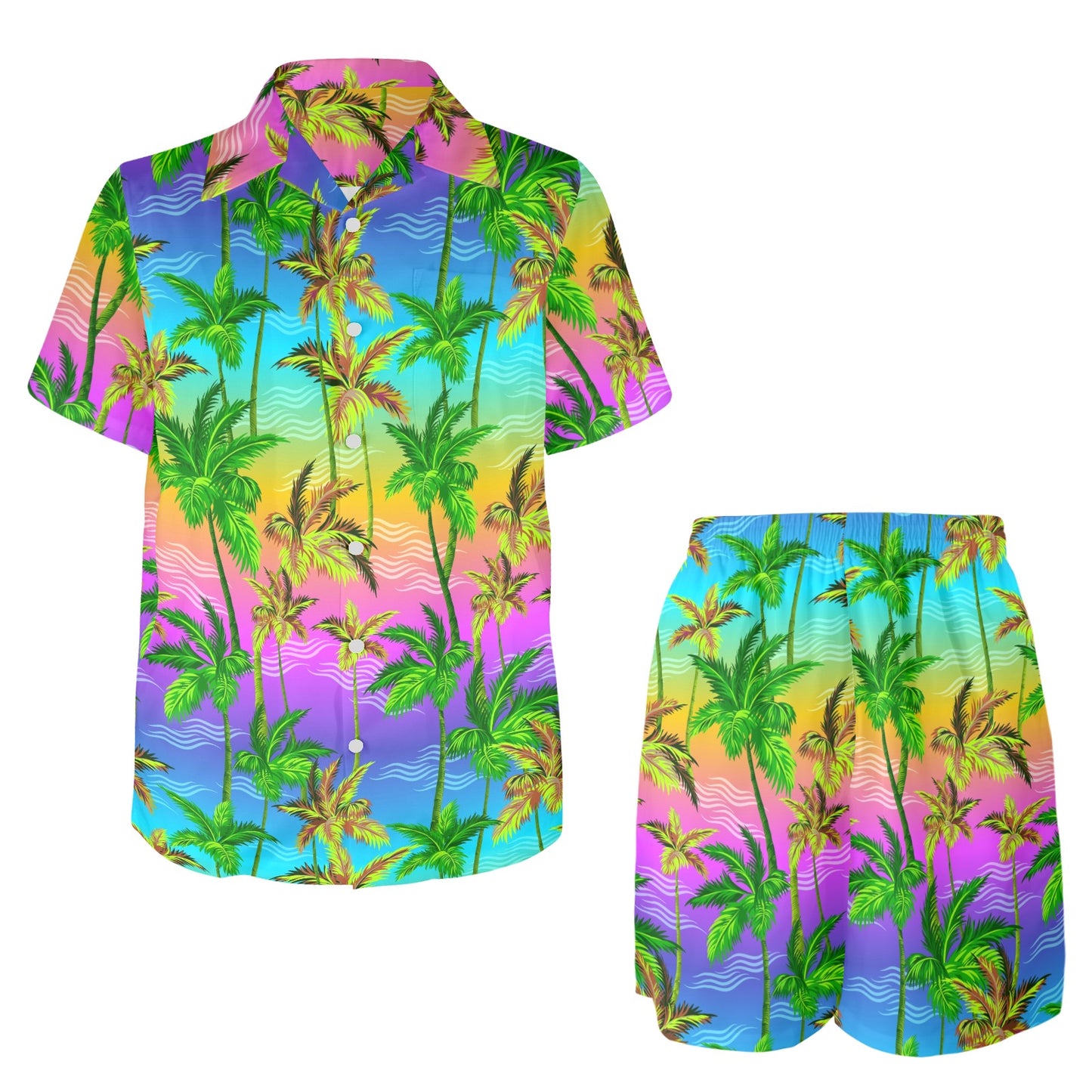 Palm Tree Rainbow Pattern Men's Beach Shirt and Shorts Set