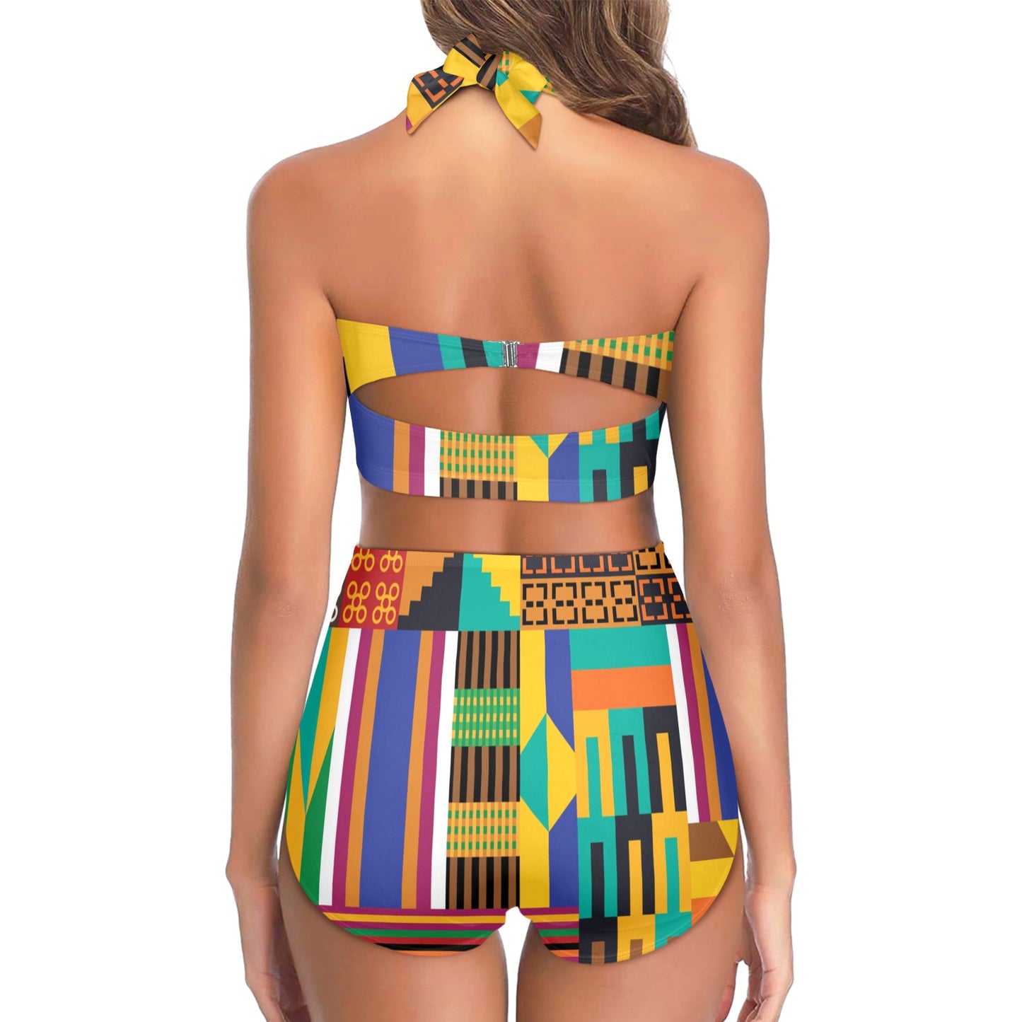 Kente Pattern Print Design 03 Halter Neck Bikini Swimsuit