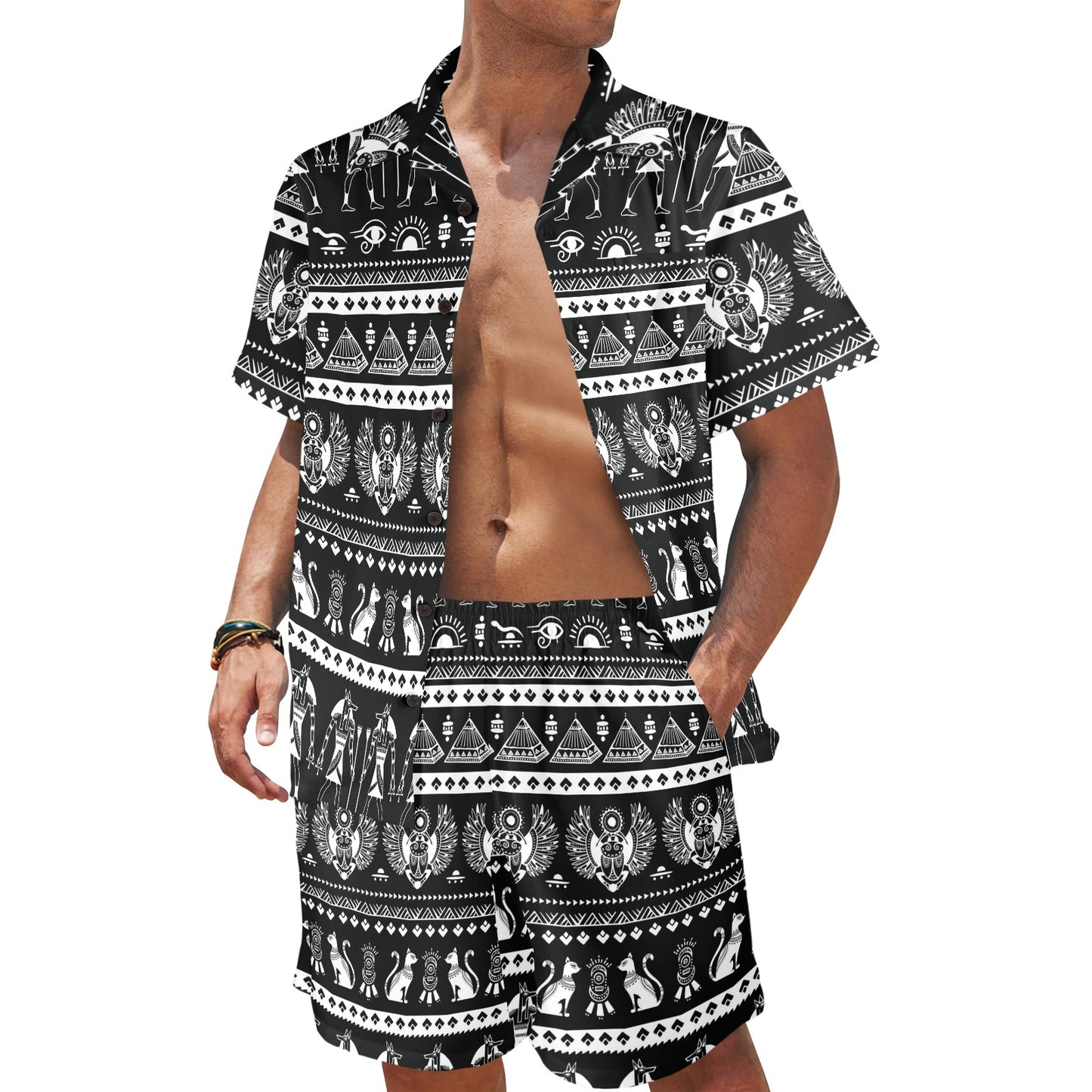 egyptian Design Print Pattern JJ0176 Men's Beach Shirt and Shorts Set
