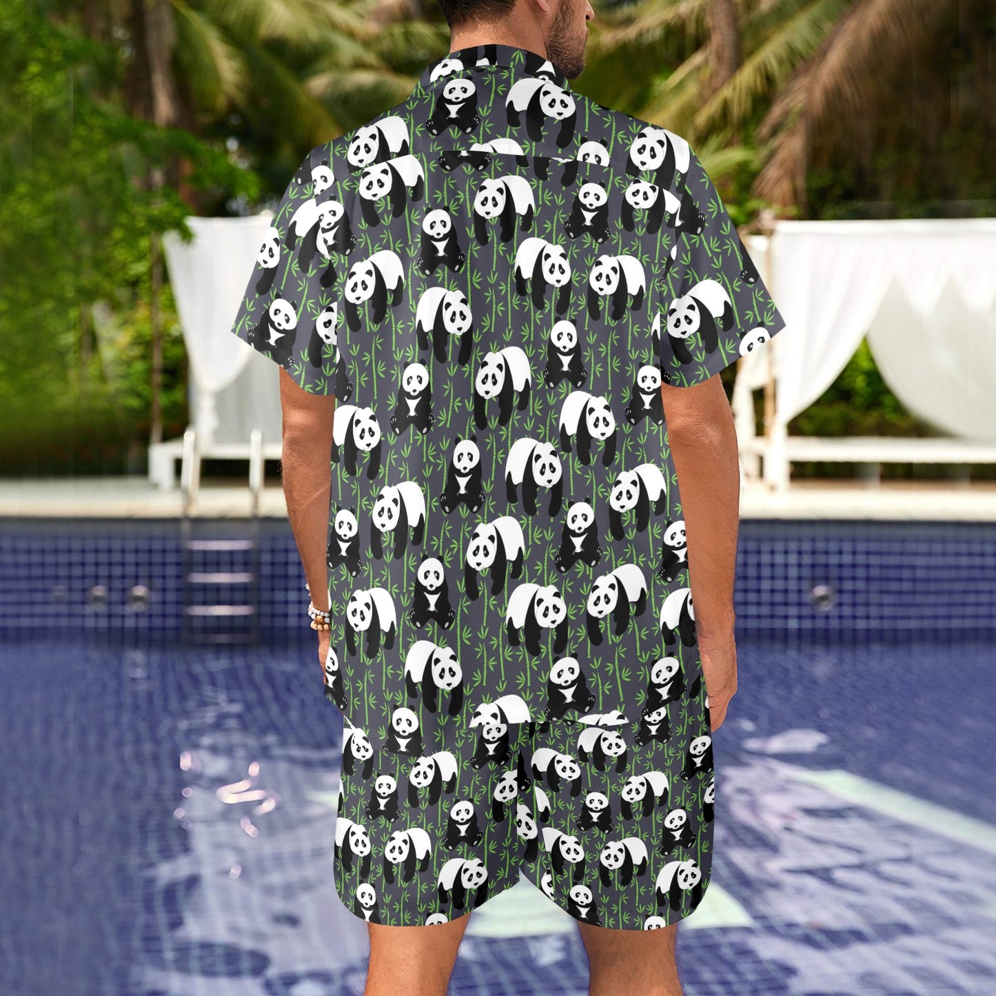 Panda Bear Bamboo Themed Print Men's Beach Shirt and Shorts Set