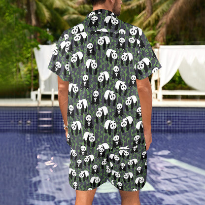 Panda Bear Bamboo Themed Print Men's Beach Shirt and Shorts Set