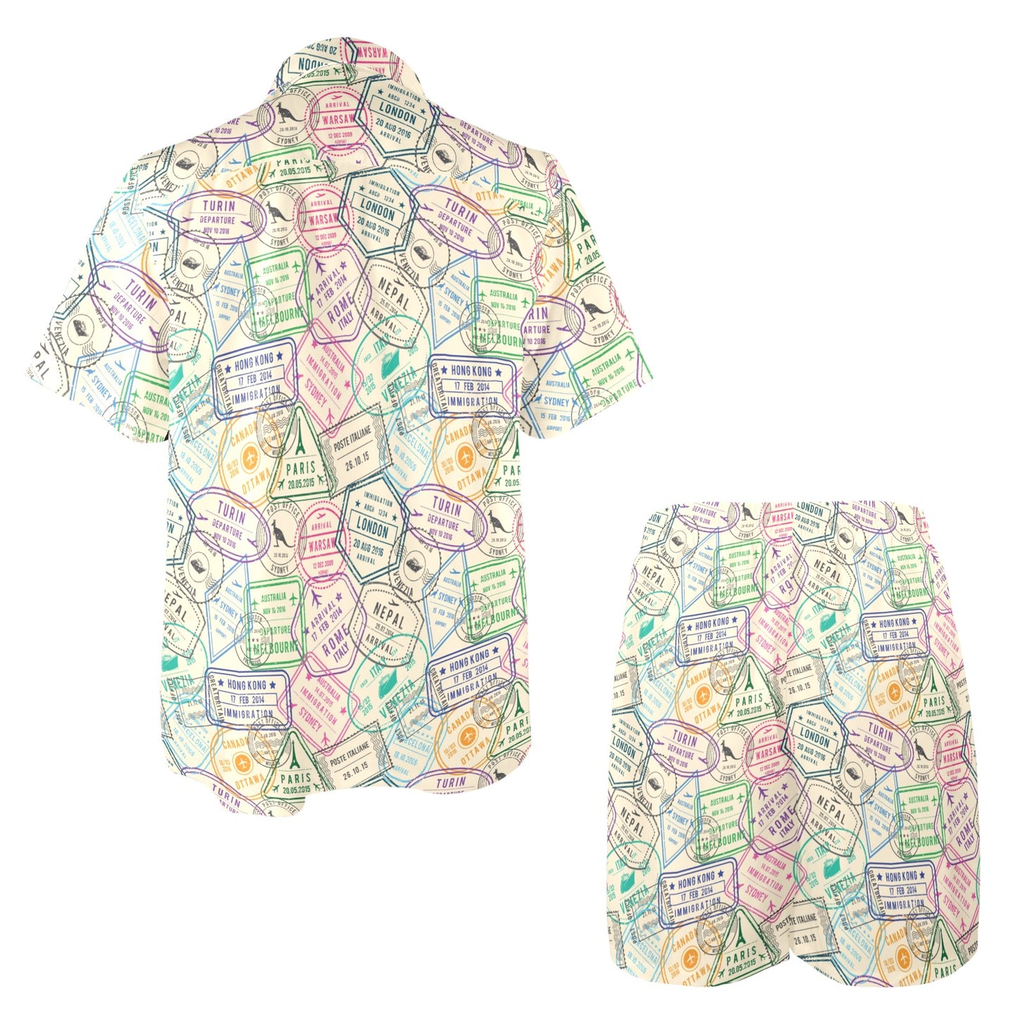 Travel Stamp Print Design LKS303 Men's Beach Shirt and Shorts Set