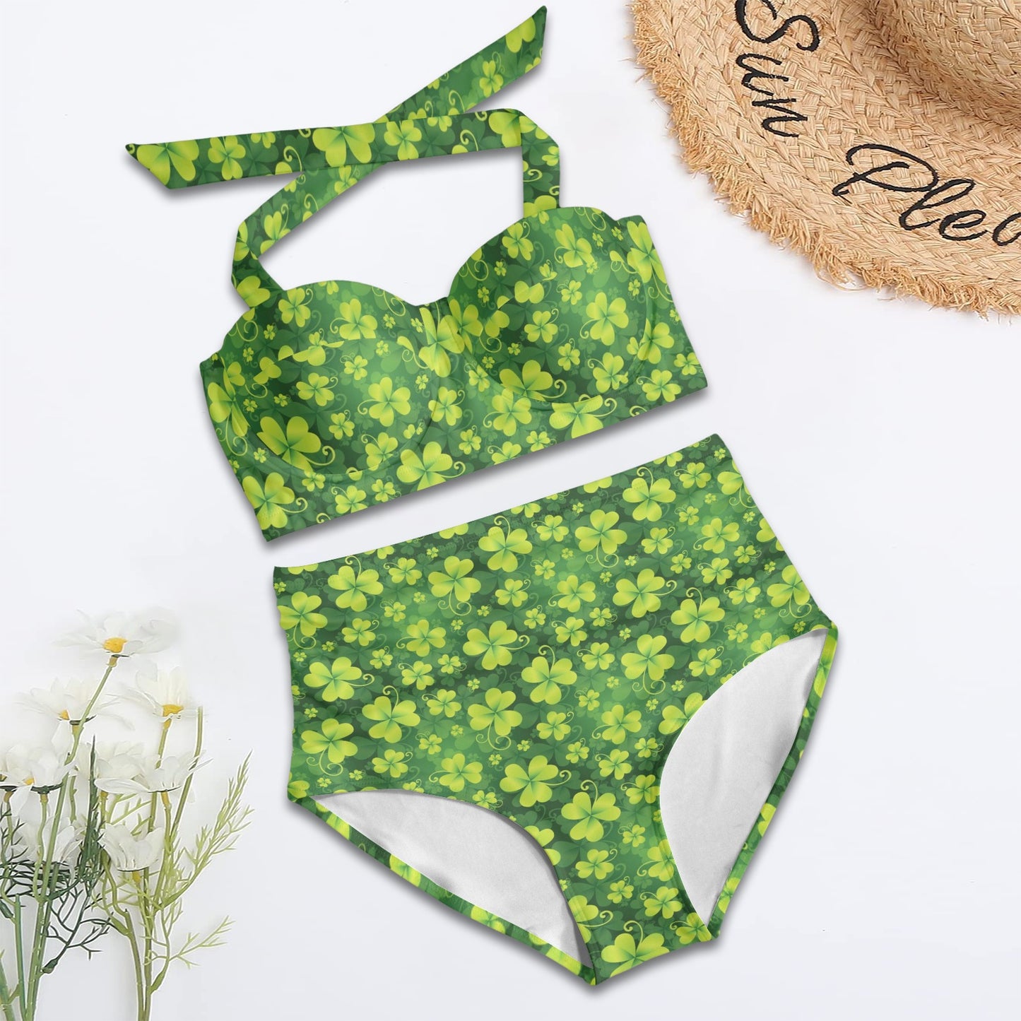 Shamrock Clover Print Halter Neck Bikini Swimsuit