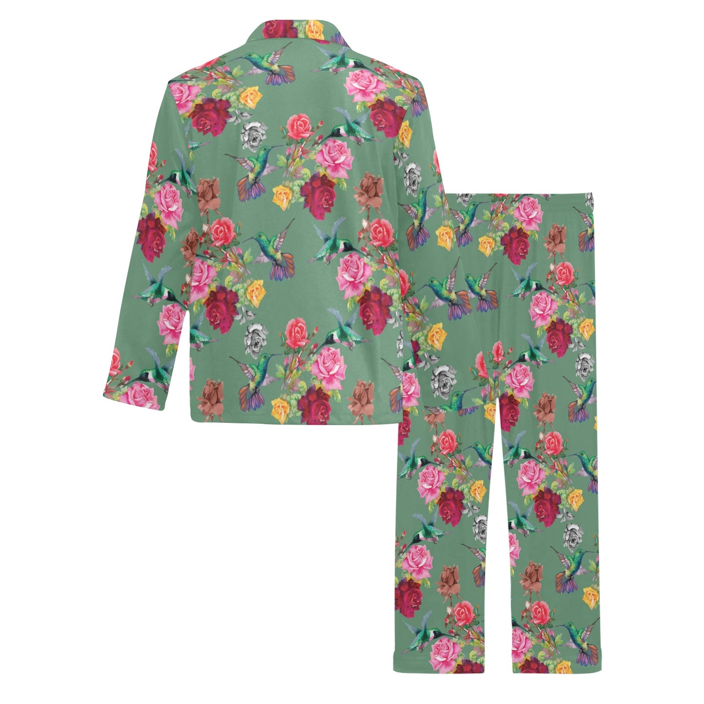 Hummingbird with Rose Themed Print Men's Long Pajama Set