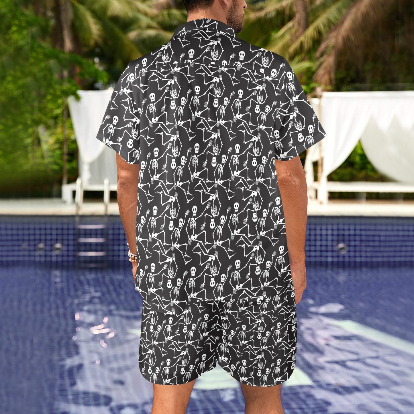 Skeleton Themed Print Men's Beach Shirt and Shorts Set