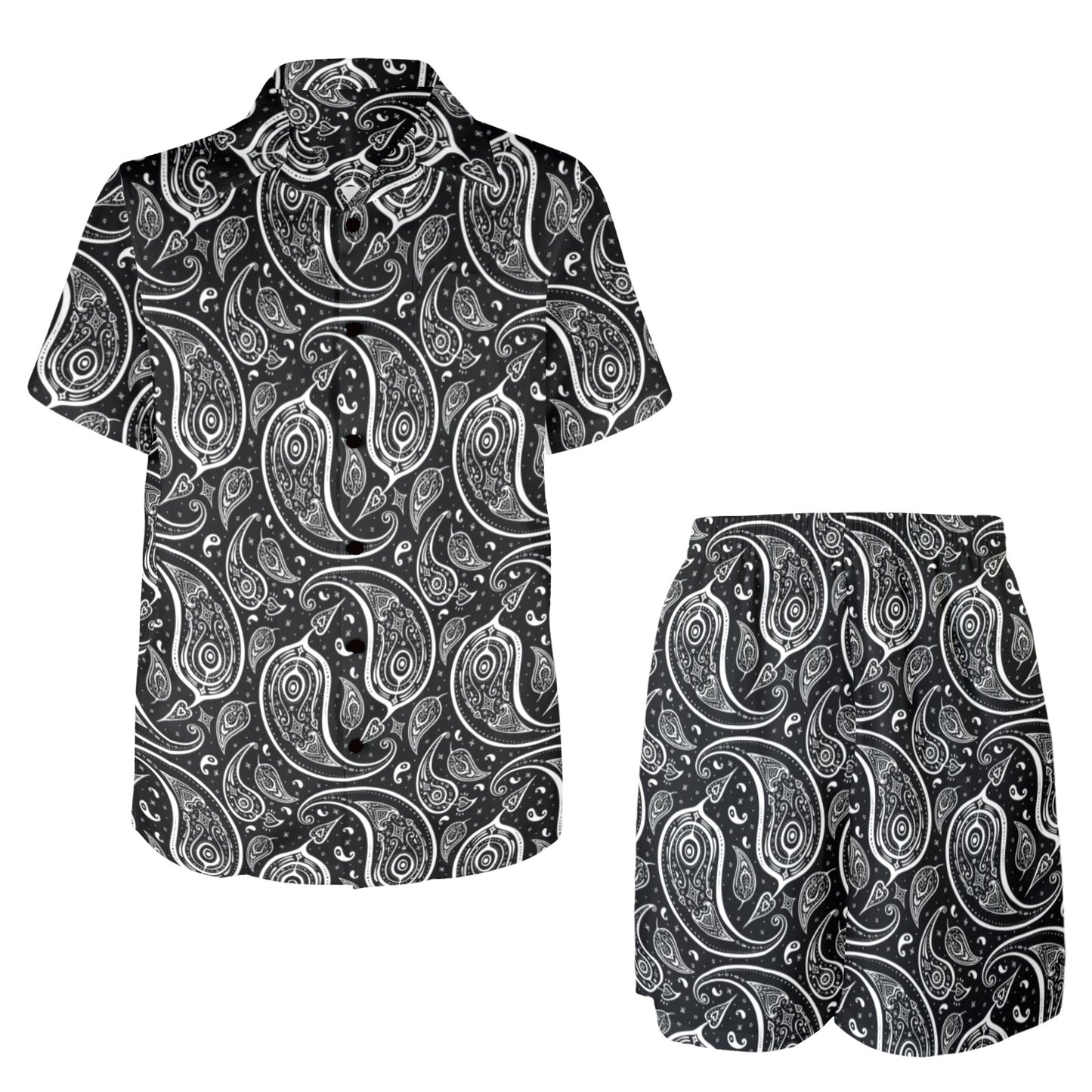 Paisley Black Design Print Men's Beach Shirt and Shorts Set