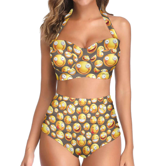 Smiley Face Emoji Print Design LKS303 Halter Neck Bikini Swimsuit