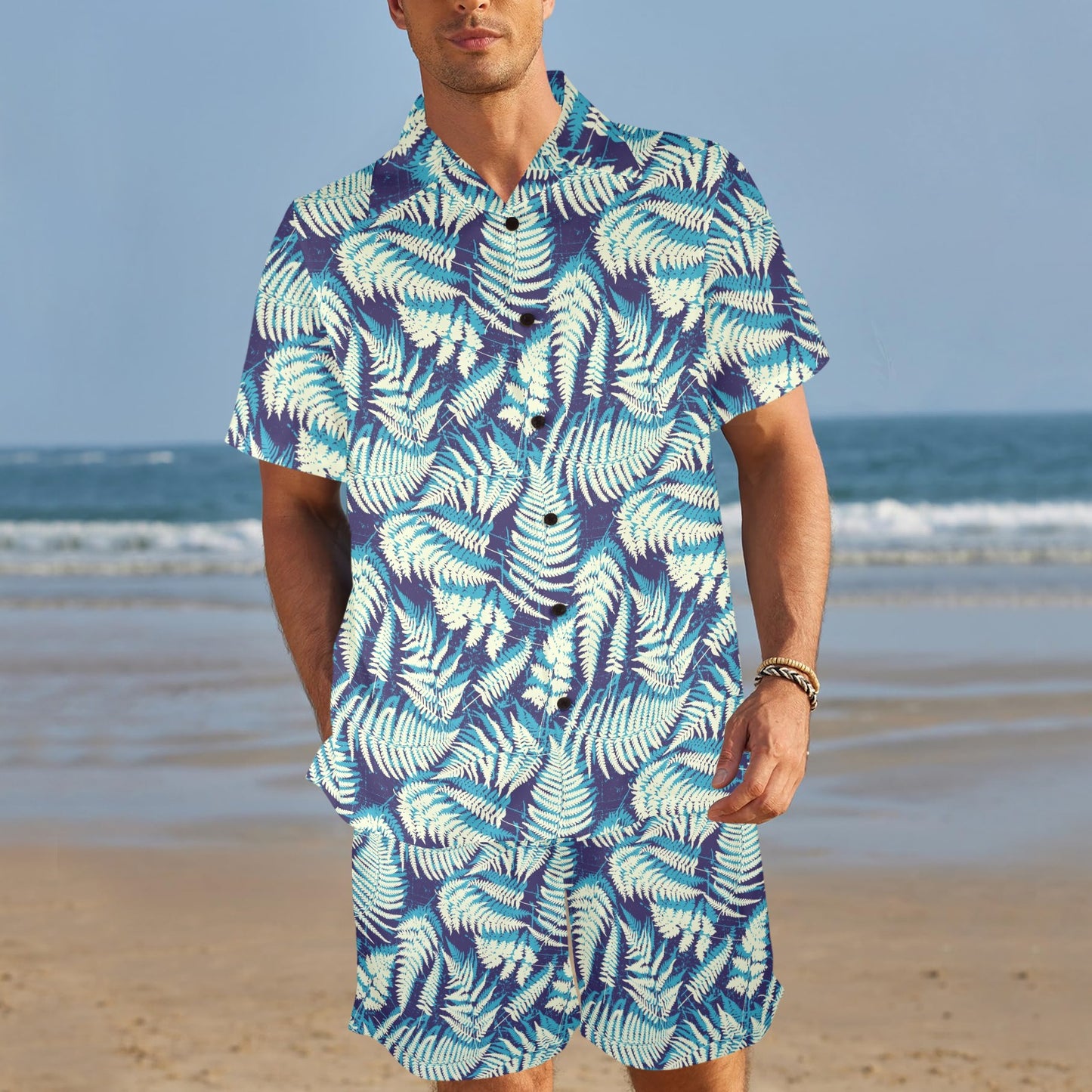 Fern Leave Summer Print Pattern Men's Beach Shirt and Shorts Set