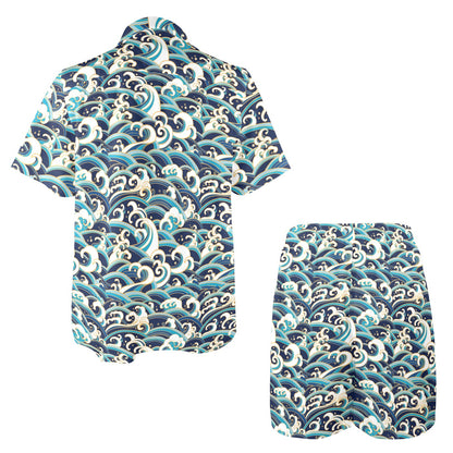 Surf Wave Pattern Men's Beach Shirt and Shorts Set