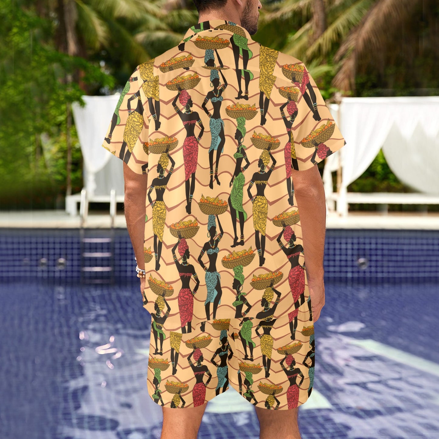 African Girl Pattern Zip Up Hoodie Men's Beach Shirt and Shorts Set