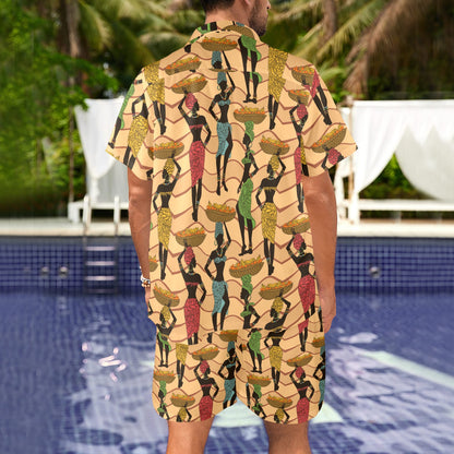 African Girl Pattern Zip Up Hoodie Men's Beach Shirt and Shorts Set