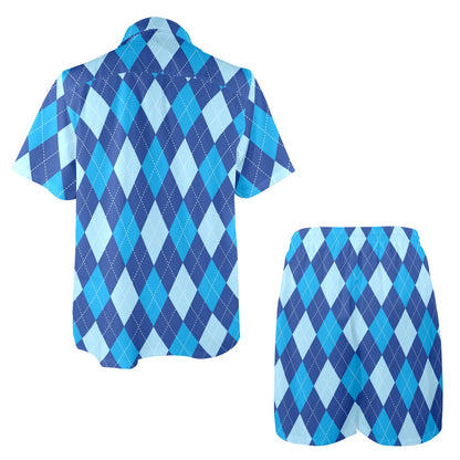 Argyle Blue Pattern Print Design 02 Men's Beach Shirt and Shorts Set