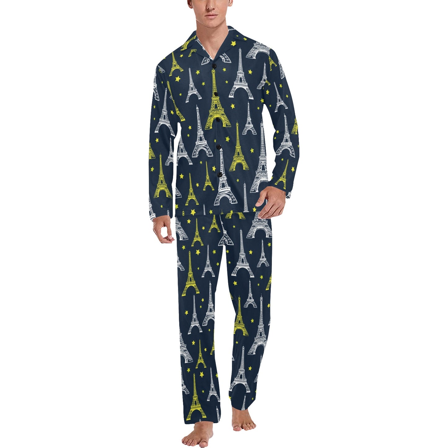 Eiffel Tower Star Print Men's Long Pajama Set
